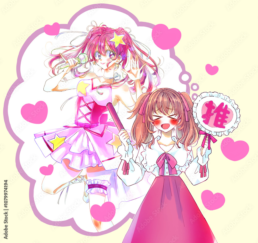 推し活をする女性と女性アイドル ロリータ 赤色 推し活をする女性と女性アイドル ロリータ 赤色