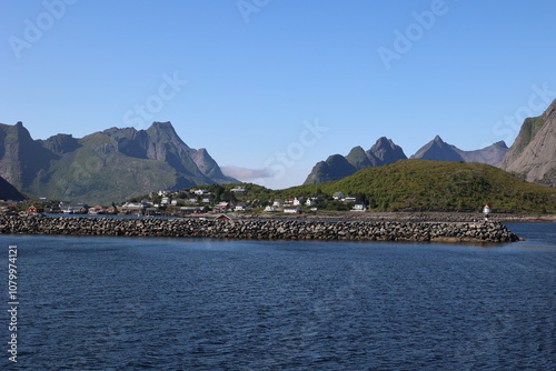 Fantastic mountain scenery on the coast of Reine, Lofoten, Norway   photo