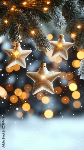 Golden star-shaped ornaments hanging from a fir branch. Bokeh lights on background. Space for text. photo