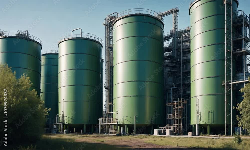 Exploring a large green industrial storage facility near an urban area during a sunny afternoon Exploring a large green industrial storage facility near an urban area during a sunny afternoon