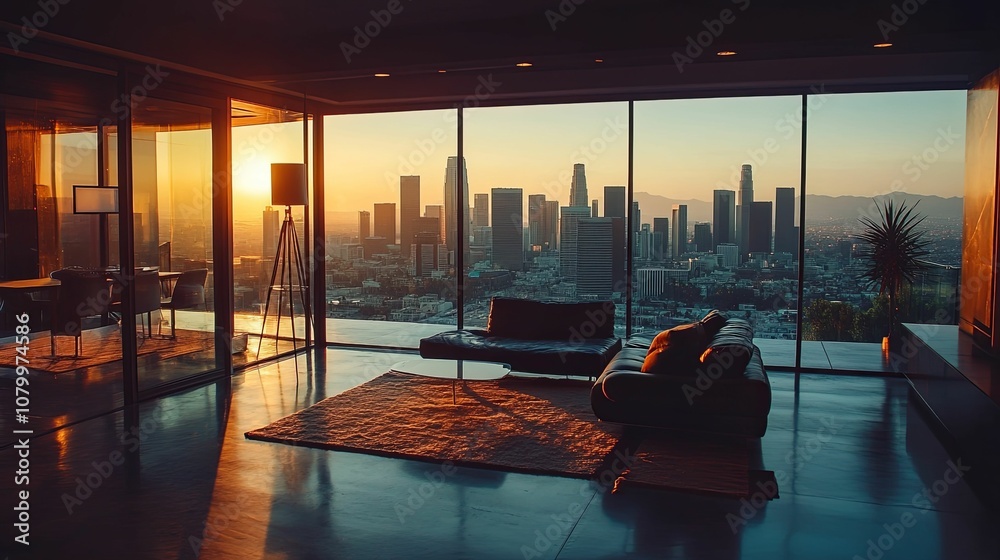 Fototapeta premium Modern Apartment with Stunning City Skyline Sunset View
