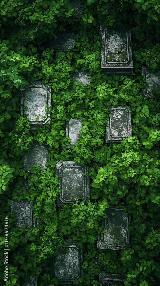 Illustration of Overgrown Gravestones Nature Reclaiming Cemetery