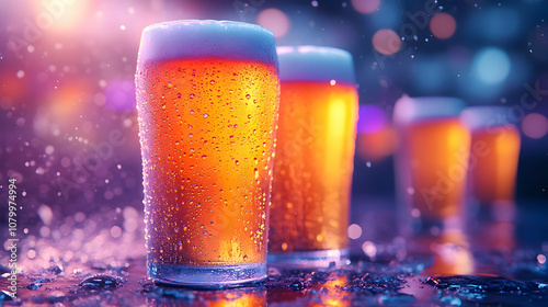 Cold Beer in Glasses with Water Drops and Bokeh - Illustration