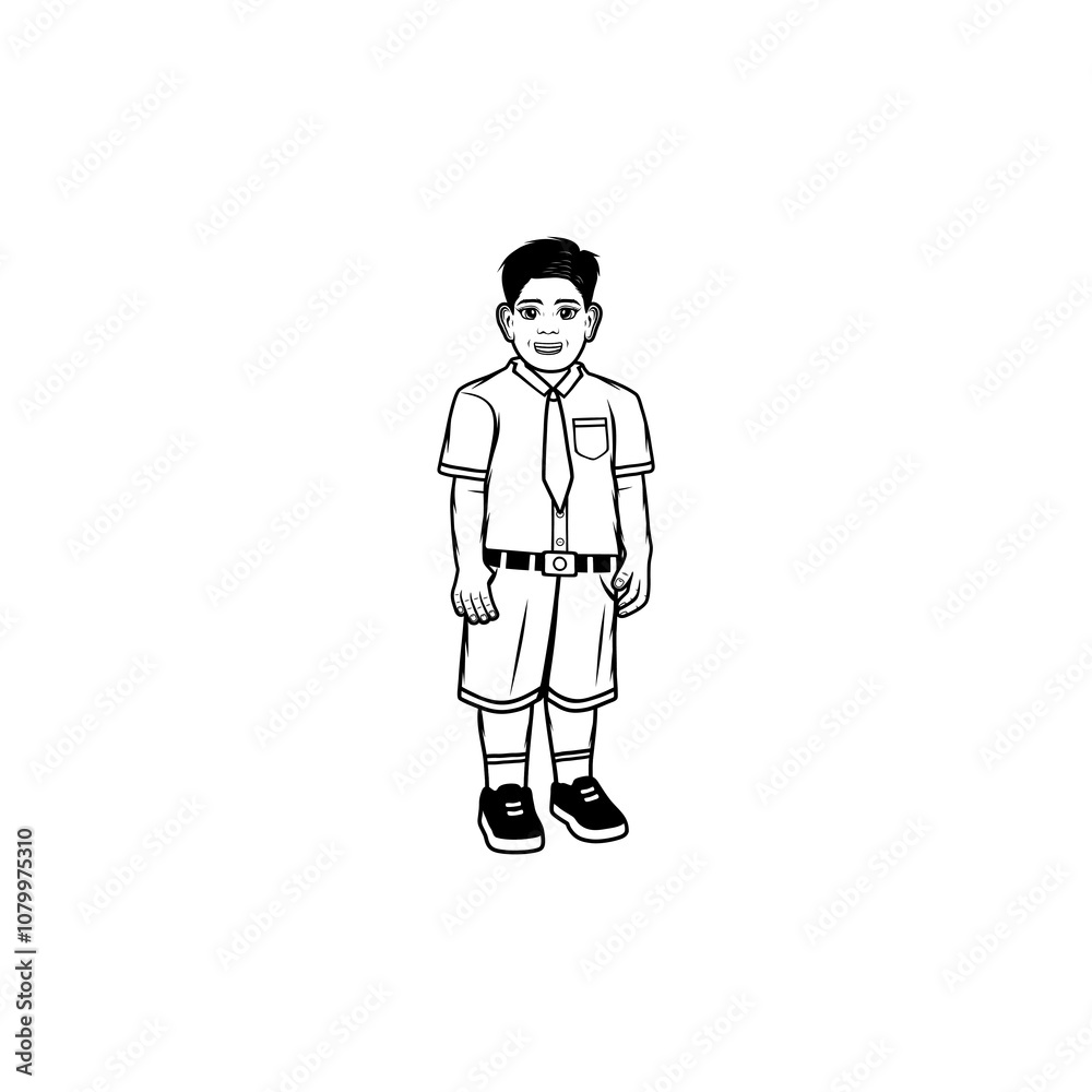 cartoon cheerful boy in elementary school uniform black and white vector line art cartoon cheerful boy in elementary school uniform black and white vector line art