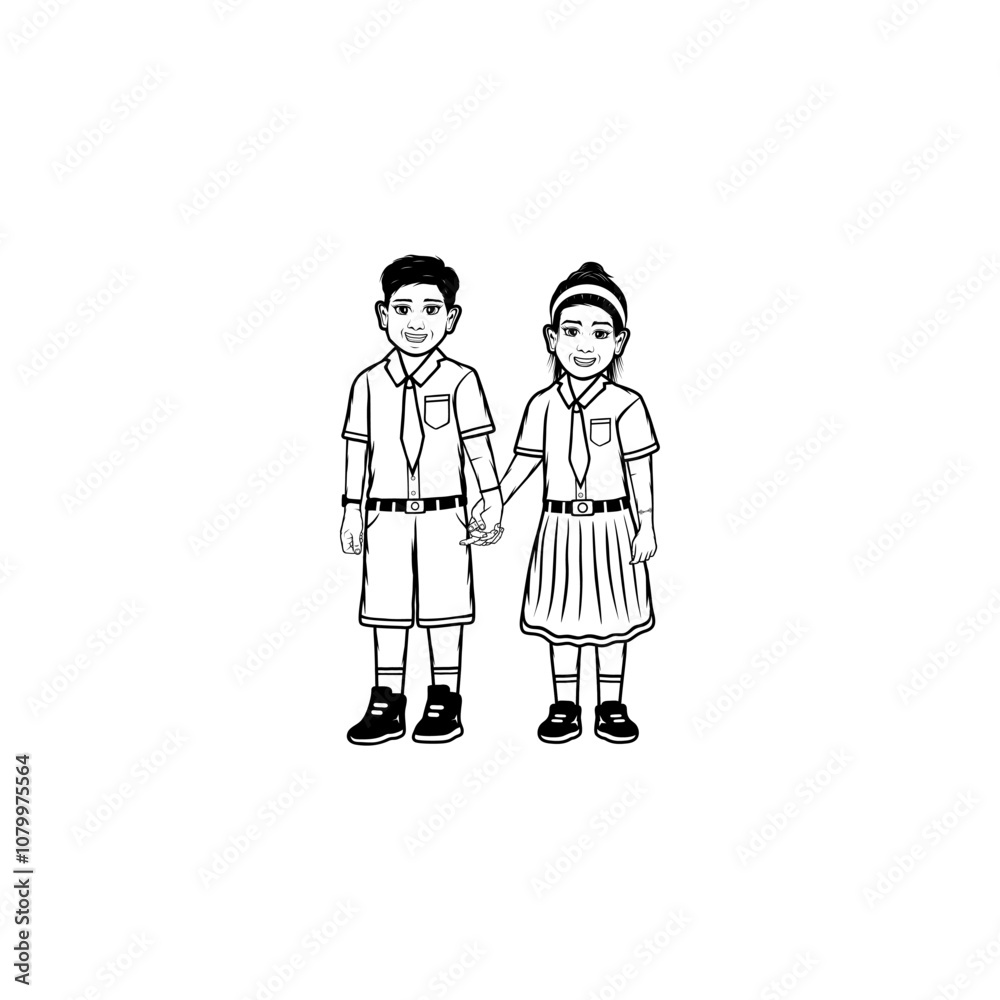 cartoon boy and girl wearing elementary school uniform holding hands black and white vector illustration cartoon boy and girl wearing elementary school uniform holding hands black and white vector illustration