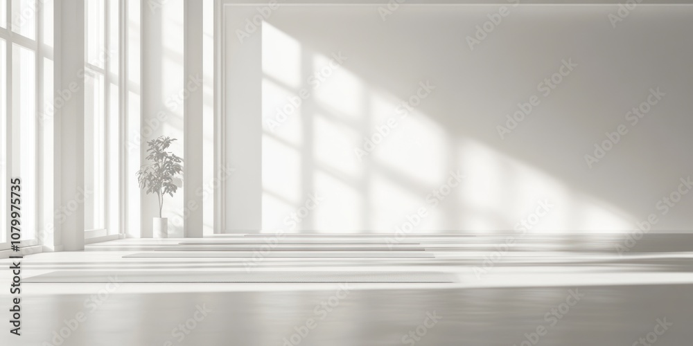 Bright, minimalistic interior space with natural light and a single plant.