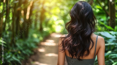 Woman with Long Curly Hair Walking Through a Lush Green Forest