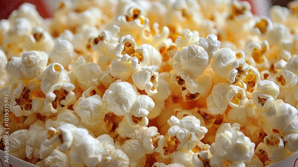 Freshly popped popcorn in a red and white container served at a movie theater during a weekend evening Freshly popped popcorn in a red and white container served at a movie theater during a weekend evening