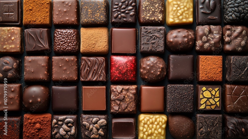 Overhead shot of diverse range of artisanal chocolates arranged in a geometric pattern, varying textures and colors, fine details of cacao powder and decorative designs Overhead shot of diverse range of artisanal chocolates arranged in a geometric pattern, varying textures and colors, fine details of cacao powder and decorative designs