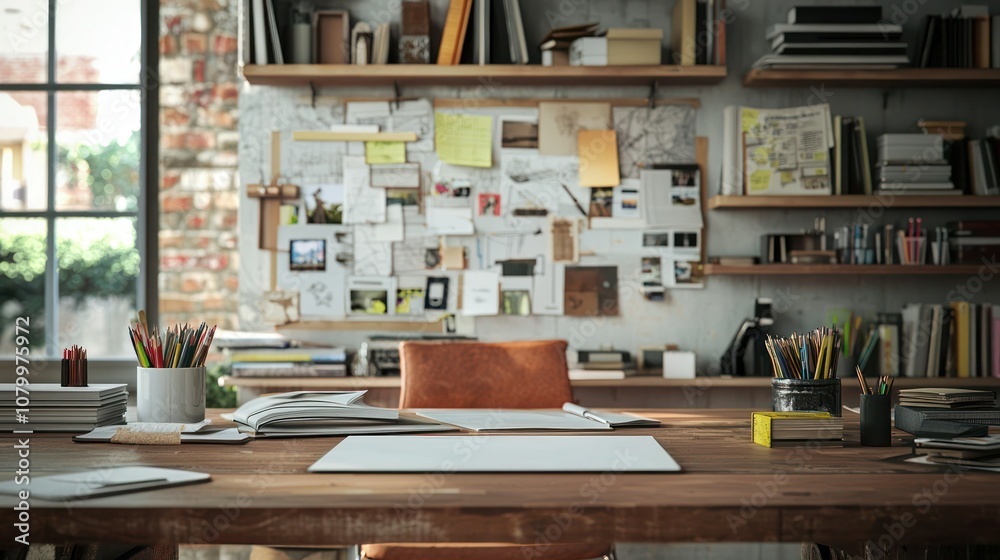A well-organized architect desk with a variety of design materials and inspirational images pinned up