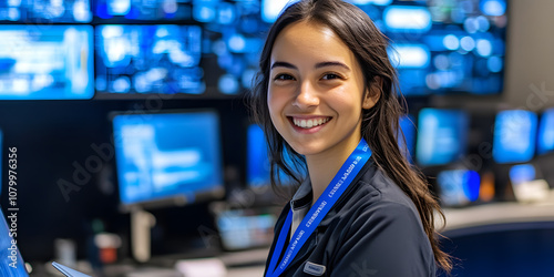A confident female technician/worker working in a data control center, smiling and looking towards the camera. Business, poster, technician, expert, woman, laboratory, background, wallpaper, center