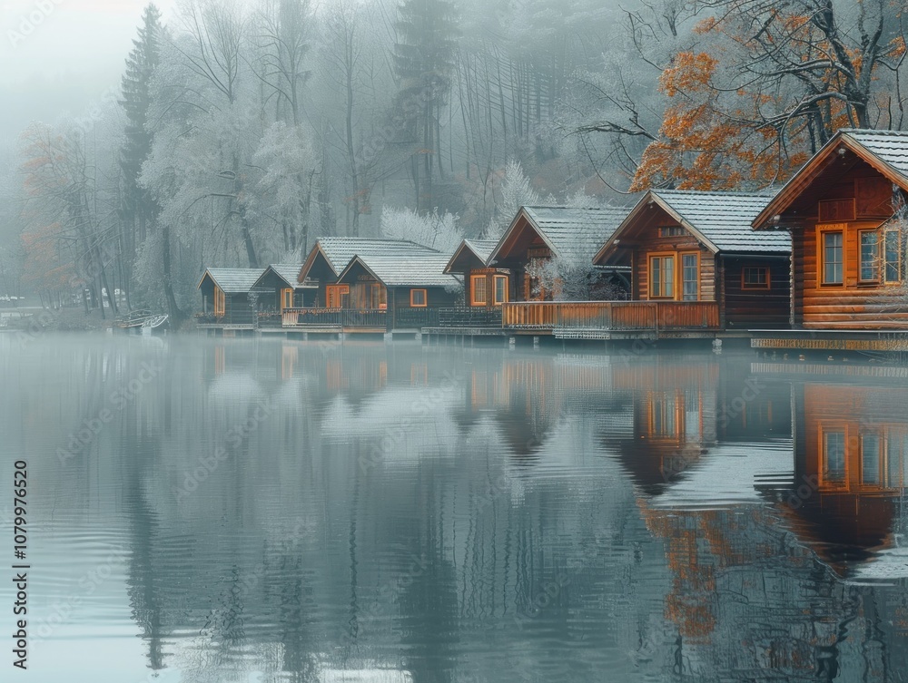 Fototapeta premium Cozy Cabins by the Misty Lake