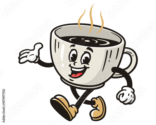 Coffee Cup is walking leisurely, Cartoon Mascot Illustration Character Vector Retro Vintage Clip-art Hand-drawn Logo Design