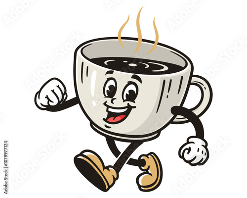 Walking Coffee Cup Cartoon Mascot Illustration Character Vector Retro Vintage Clip-art Hand-drawn Logo Design