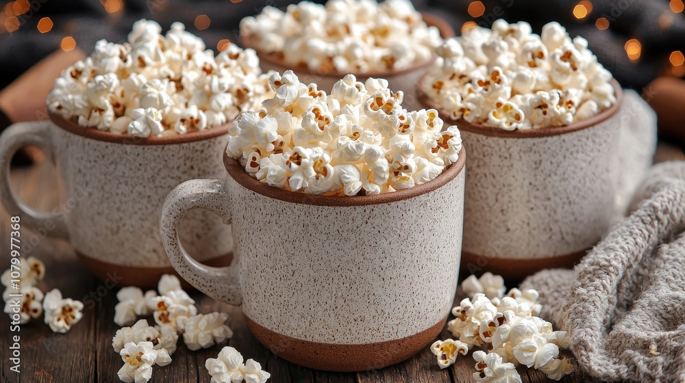 Delicious popcorn served in rustic mugs on a wooden table with cozy decor during movie night at home