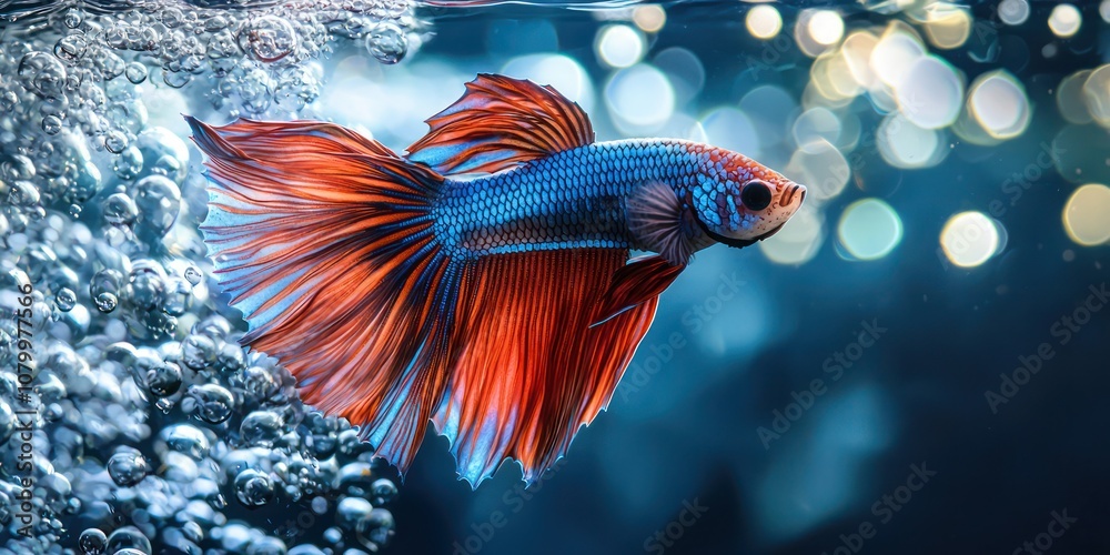 Betta fish and air bubbles on the water surface