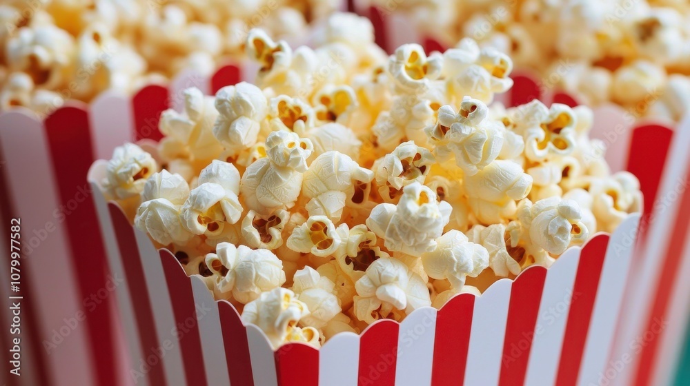 Freshly popped popcorn in striped containers ready for movie night at home Freshly popped popcorn in striped containers ready for movie night at home