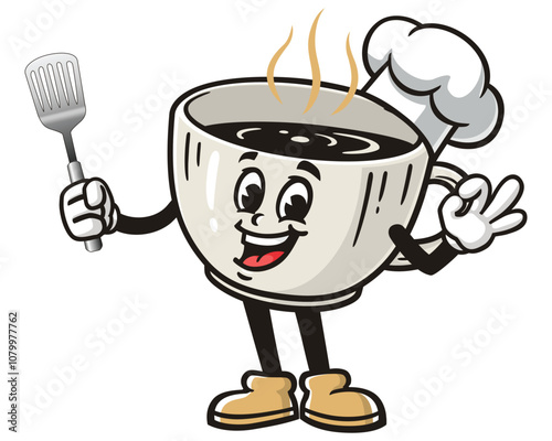 Coffee Cup holding a spatula and wearing a chef's hat, Cartoon Mascot Illustration Character Vector Retro Vintage Clip-art Hand-drawn Logo Design