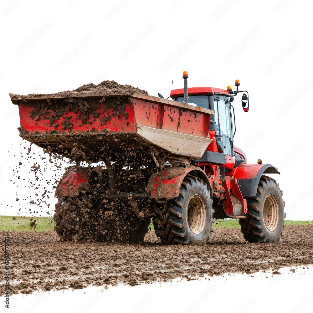 Obraz premium Manure spreader in action spreading manure on a field. isolated on transparent background