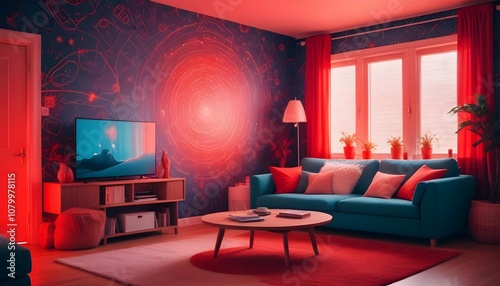 Scandinavian living room interior design zoom background,Doodle patterned wallpaper graphics