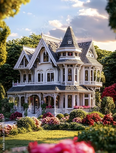 Wallpaper Mural A grand Victorian mansion with ornate detailing, a steeply pitched roof, and manicured gardens with rose bushes, creating a historic atmosphere. Torontodigital.ca