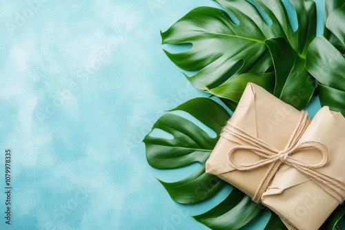 Brown Gift Box on Green Leaves with a Blue Background