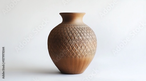 A beautifully handcrafted ceramic vase from Kasongan, Yogyakarta, featuring delicate carvings and earth-tone glazing. The vase is placed on a white background photo