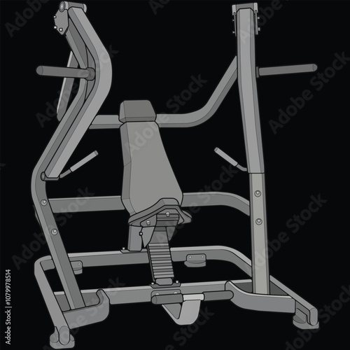 Chest press machine illustration. Fitness, cardio, and muscle building machines, equipments set at gym. Workout and training concept.