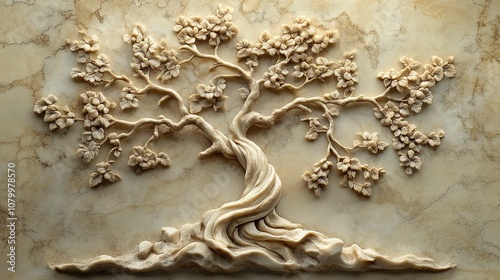 Intricate Carved Tree with Blossoms on Beige Marble Background