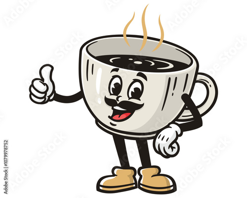 Coffee Cup with mustache, Cartoon Mascot Illustration Character Vector Retro Vintage Clip-art Hand-drawn Logo Design