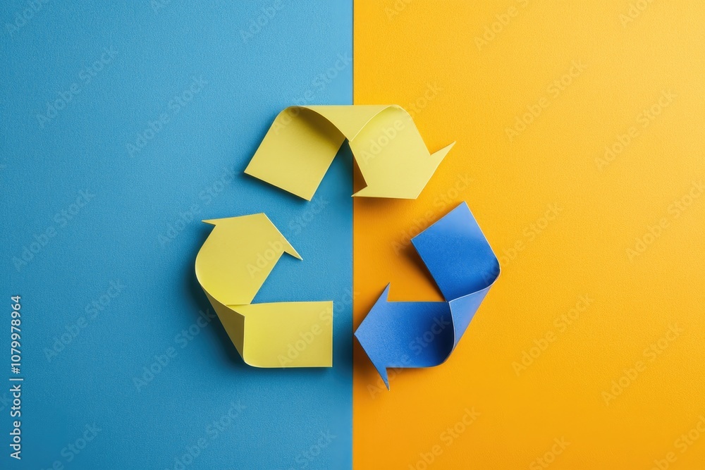 Yellow and Blue Paper Recycling Symbol on a Blue and Yellow Background Yellow and Blue Paper Recycling Symbol on a Blue and Yellow Background