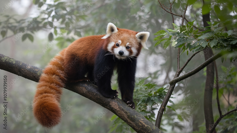 Playful Red Panda in Misty Forest with Lush Green Foliage – Wildlife Close-Up Photography Playful Red Panda in Misty Forest with Lush Green Foliage – Wildlife Close-Up Photography