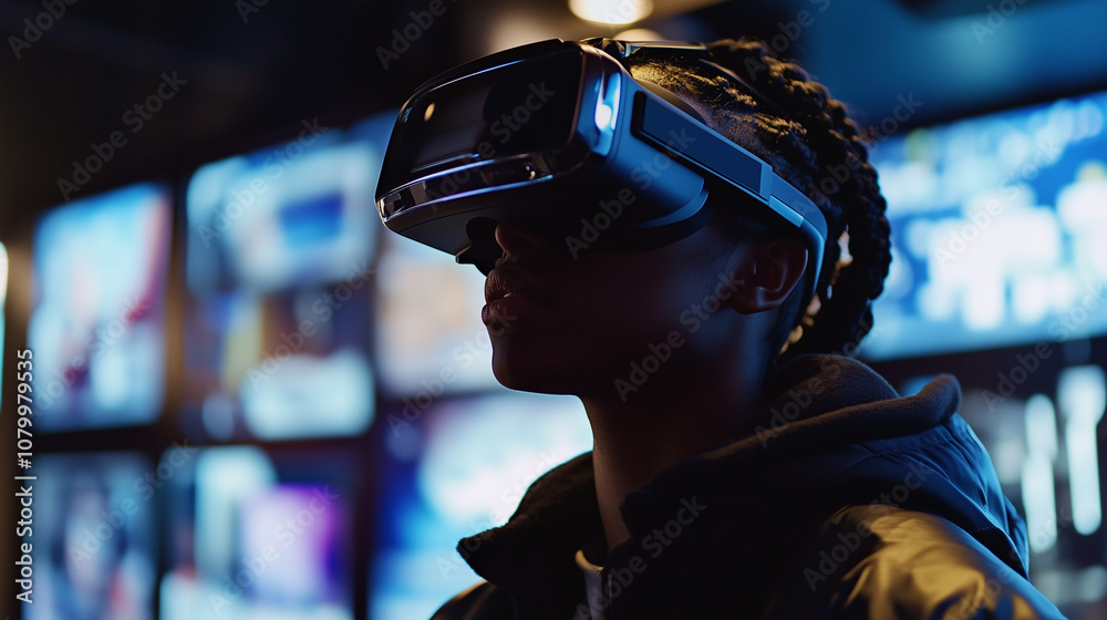 Virtual Reality - Young man immersed in a VR world, goggles on, interacting with a digital environment Virtual Reality - Young man immersed in a VR world, goggles on, interacting with a digital environment