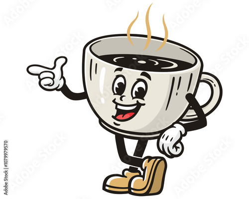 Coffee Cup with pointing finger pose, Cartoon Mascot Illustration Character Vector Retro Vintage Clip-art Hand-drawn Logo Design