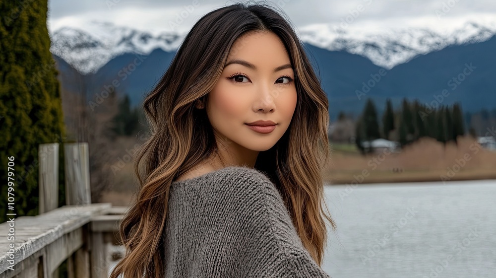 Woman with Long Brown Hair and Gray Sweater Looking Away from Camera Woman with Long Brown Hair and Gray Sweater Looking Away from Camera
