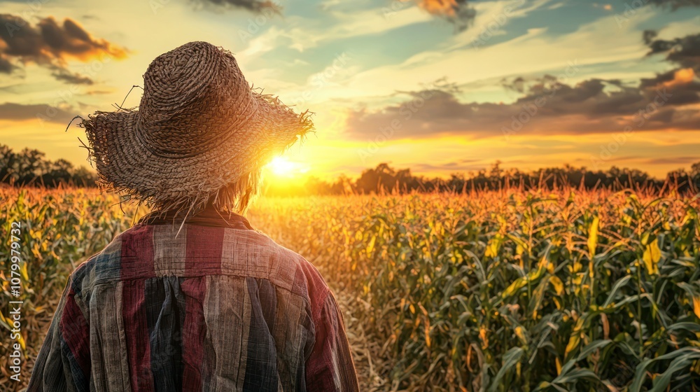 Fototapeta premium Classic scarecrow standing in a field of corn at sunset, with a rustic straw hat and tattered clothes.