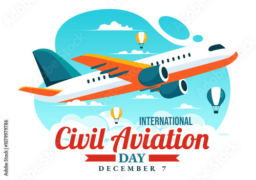 International Civil Aviation Day Vector Illustration on December 7 Featuring Airplane and Sky Blue View in Appreciation of Aviation in Flat Background