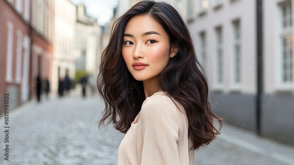 A Young Woman With Long Dark Hair Posing in an Urban Setting A Young Woman With Long Dark Hair Posing in an Urban Setting