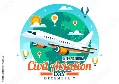 International Civil Aviation Day Vector Illustration on December 7 Featuring Airplane and Sky Blue View in Appreciation of Aviation in Flat Background