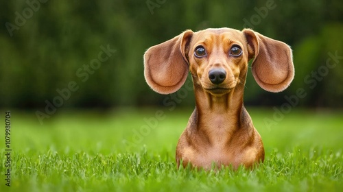 Dachshund dog posing outdoors pet photography green grass close-up playful vibe