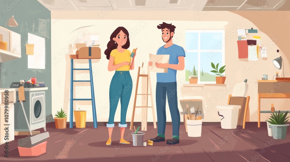 Young family couple doing renovations at home. Young family couple doing renovations at home.