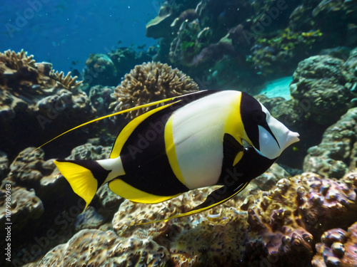 coral reef with Moorish idol fish photo