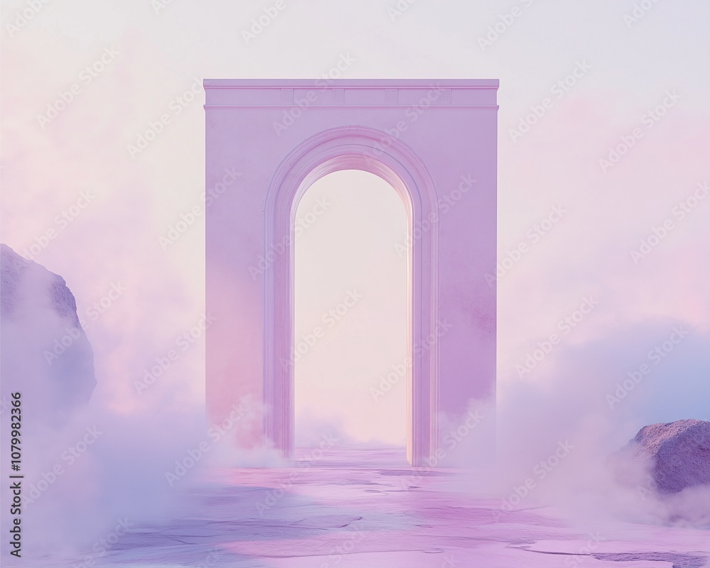 Fototapeta premium Open doorway to new beginnings lavender path inspirational artwork serene environment dreamy viewpoint