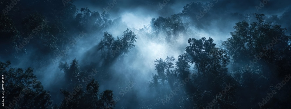 Misty Forest Landscape under Celestial Sky Misty Forest Landscape under Celestial Sky