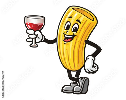 Macaroni with a glass of drink, Cartoon Mascot Illustration Character Vector Clip-art Hand-drawn Logo Design