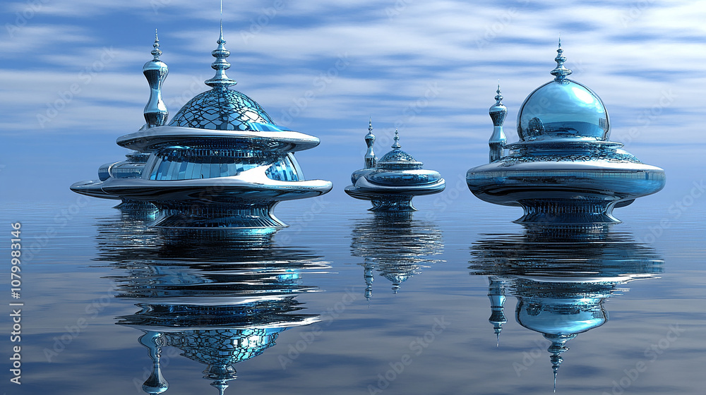 Obraz premium Three futuristic buildings float on a calm body of water, reflecting the blue sky and white clouds.