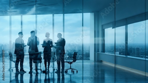 Four silhouetted businesspeople standing in a modern office with cityscape background.