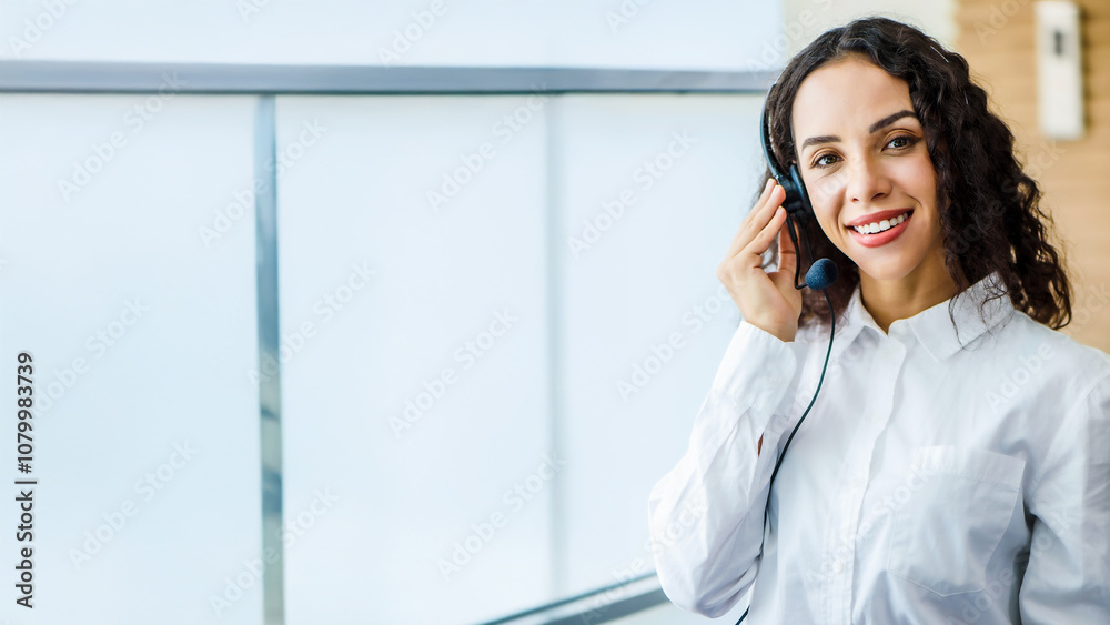 Young friendly operator woman agent with headsets. Beautiful business woman wearing microphone headset working in the office as a telemarketing customer service agent, call center job concept. Young friendly operator woman agent with headsets. Beautiful business woman wearing microphone headset working in the office as a telemarketing customer service agent, call center job concept.