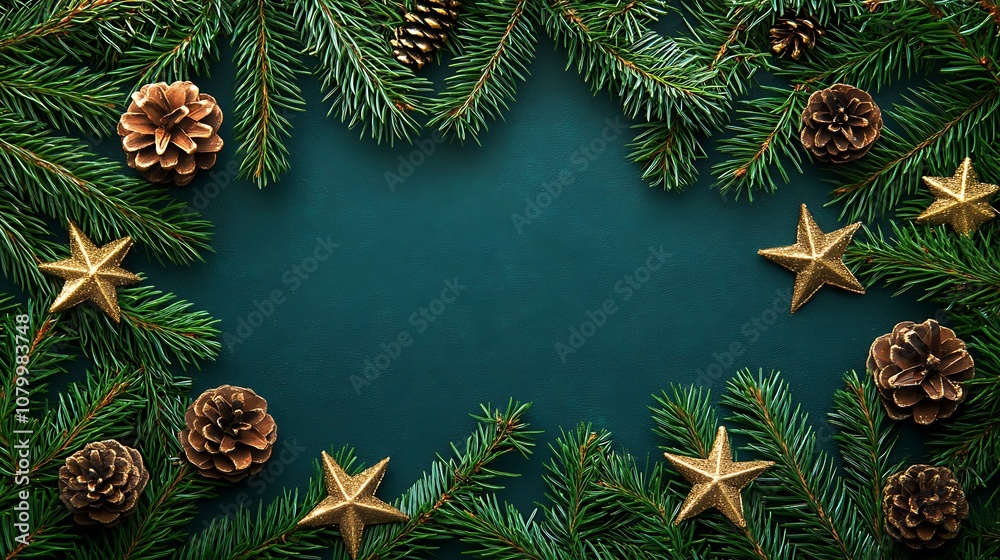 Christmas Decorations with Pine Branches and Golden Stars Christmas Decorations with Pine Branches and Golden Stars