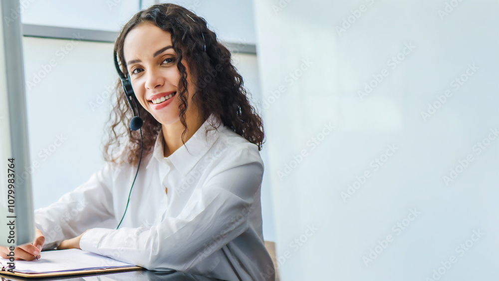 Young friendly operator woman agent with headsets. Beautiful business woman wearing microphone headset working in the office as a telemarketing customer service agent, call center job concept. Young friendly operator woman agent with headsets. Beautiful business woman wearing microphone headset working in the office as a telemarketing customer service agent, call center job concept.